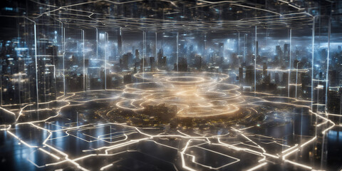 Obraz premium 未来都市の半導体ラボの進化イメージ