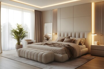 Modern bedroom design with soft neutral tones, a large upholstered bed with cozy linens, ambient lighting, and minimalist decor elements, creating a peaceful and relaxing atmosphere