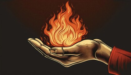 Hand holding a flame, dramatic dark background.