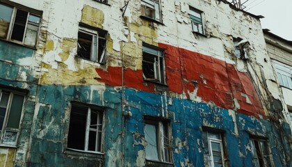 A weathered building facade with peeling paint and broken windows, revealing the layers of time and neglect.