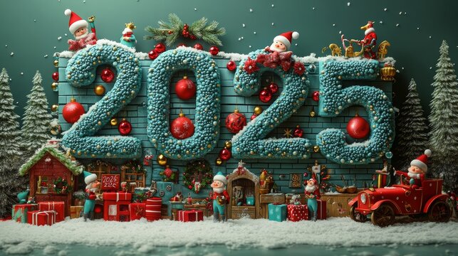 Cheerful display of 2025 with Santa's workshop theme, festive decorations, and holiday cheer