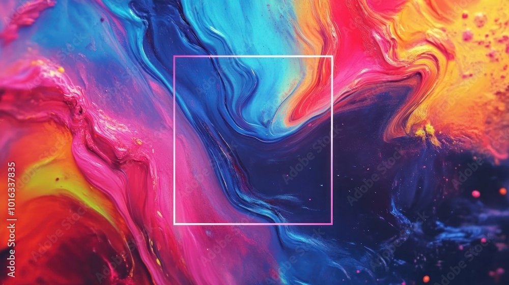Poster a vibrant abstract swirl of colors, blending blues, pinks, and oranges in a dynamic pattern.