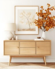 Minimalist dining room with 3D-rendered oak sideboard and natural decor.