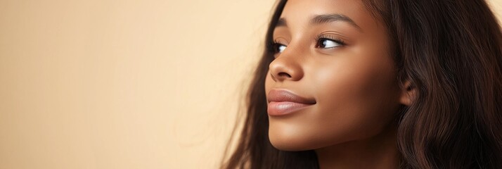 A woman with long hair and a tan complexion. She is smiling and looking at the camera. The image has a warm and inviting mood