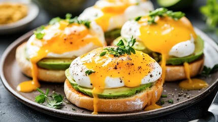 A beautifully plated gourmet eggs Benedict with perfectly poached eggs, avocado, and hollandaise sauce on an English muffin, garnished with fresh herbs.