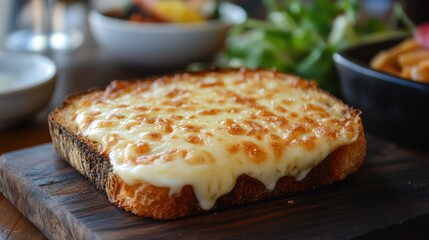 A golden-brown slice of bread with a thick, creamy slice of cheese melted on top, creating a simple yet delicious snack.