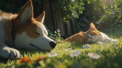 A calm moment with a dog lying on the grass while a cat lounges nearby, embodying the comfort of pet companionship.