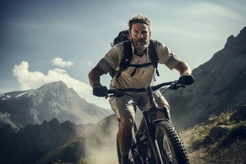Obraz premium Mature man riding bike on mountain trail bicycle vehicle cycling.