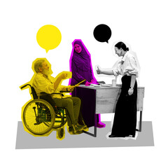 Poster. Contemporary art collage. Lively office conversation between man in wheelchair and two...