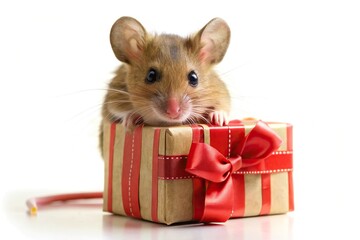 Adorable little mouse silhouette unwrapping Christmas present