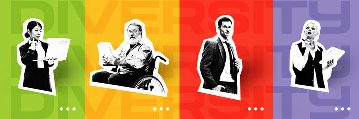 Poster. Contemporary art collage. Workplace diversity with individuals of different abilities and backgrounds collaborating for success. Concept of DEI and business, workplace, diversity