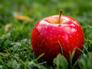 red ripe apple on grass background
