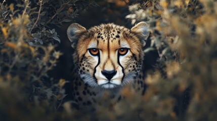 Obraz premium A cheetah emerging from the shadows of a bush, ready to hunt, showcasing its stealth and agility in the wild.
