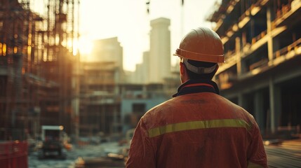 Obraz premium Construction worker in hard hat looking at the sunrise over the city skyline.