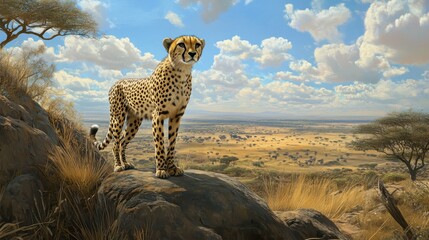 Obraz premium A cheetah standing proudly on a hilltop, with a panoramic view of the African savanna stretching out in the background.