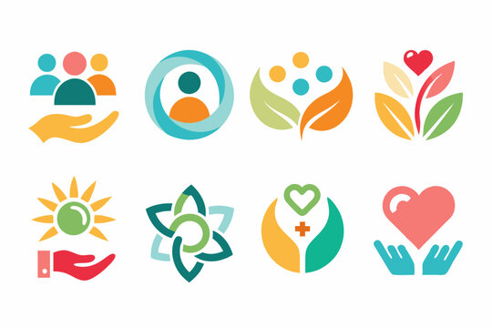 Minimalist volunteering logo collection with heart, nature, and hand elements