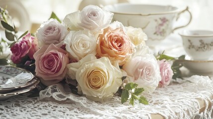 A close-up of a bouquet of multicolored roses on a wedding table, adorned with delicate lace and fine china, exuding romance.