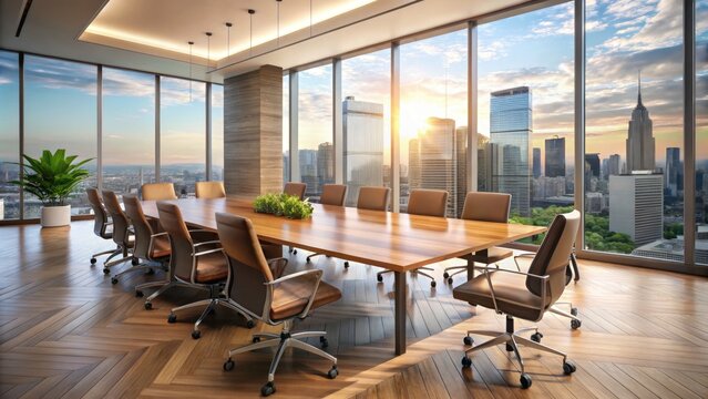 Modern corporate conference room with sleek wooden table, ergonomic chairs, and floor-to-ceiling windows, set against a blurred cityscape, ideal for corporate event backgrounds.