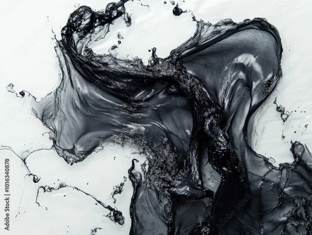 Poster abstract black ink splash against white background capturing dynamic movement and rich texture