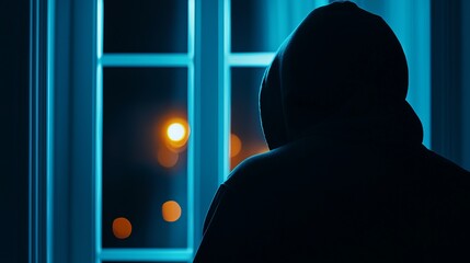 A silhouette of a person in a hoodie gazing out a window at night, illuminated by external city lights, evoking mystery and intrigue.