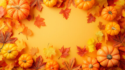Fototapeta premium Thanksgiving greeting card with pumpkins and autumn leaves frame.