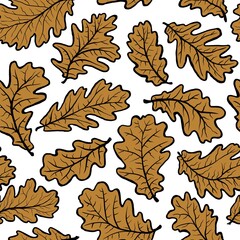 Oak leaves autumn pattern with hand drawn leaves on white background - raster illustration, fabric or wrapping design