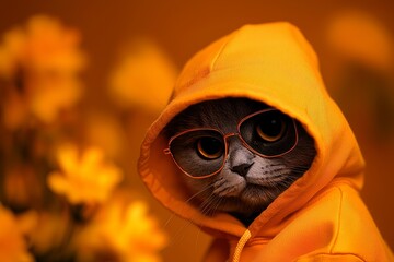 Fototapeta premium A stylish cat wearing an orange hoodie and glasses, surrounded by yellow flowers, embodying a playful and trendy vibe.
