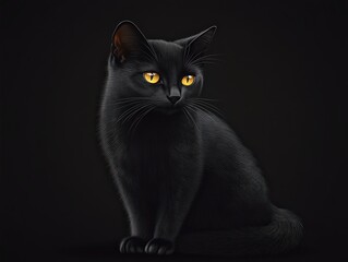 Black Cat with Yellow Eyes, Sitting in Darkness, Isolated on Black Background, Detailed Illustration