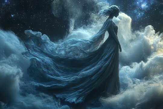 dramatic sculpture of nyx greek goddess of night with flowing robes and starry backdrop
