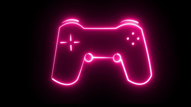 Neon joystick sign animation. Glowing neon gamepad icon, looped slow flashing animation. Game station controller, play console, joypad for videogames.