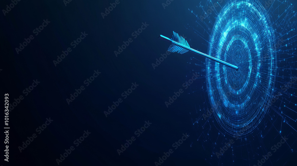 Poster a dark blue banner showing a target with an arrow pointing towards it. there's space for text, sugge