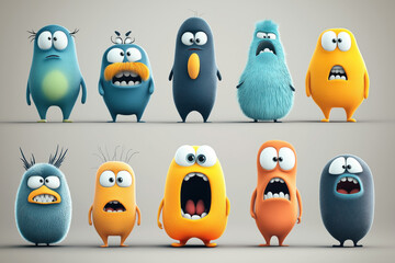 Fototapeta premium A group of ten cute and colorful cartoon monster characters with various expressions and features, arranged in two rows against a plain background.