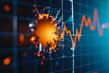 Dynamic visualization of a broken glass effect with a vibrant stock market graph, symbolizing disruption and volatility.
