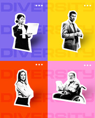 Poster. Contemporary art collage. Diverse professionals, each person standing out against brightly...