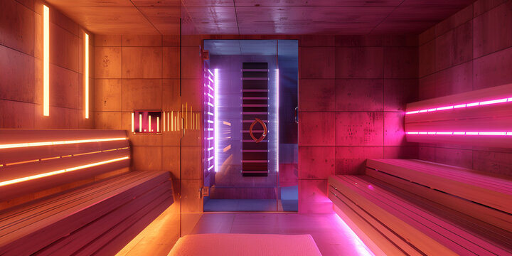  Contemporary sauna with vibrant pink and blue LED lights Spa and relaxation design concept 
