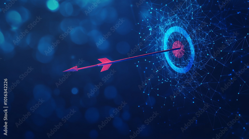 Poster a dark blue banner showing a target with an arrow pointing towards it. there's space for text, sugge