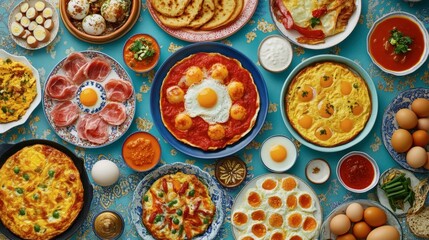 A colorful display of egg dishes from around the world, featuring shakshuka, frittata, and tamagoyaki, artfully arranged on a table.