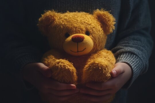 closeup child hands holding a teddy bear Safe Toys and Gifts Month concept