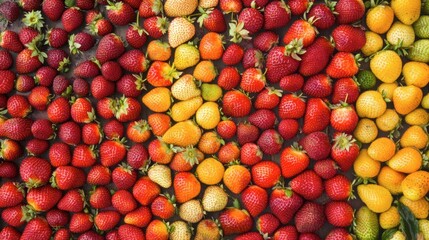 A colorful display of various strawberry varieties, including organic and heirloom strawberries, showcasing their unique shapes and colors.