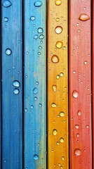 Obraz premium Raindrops on rainbow-colored wood planks