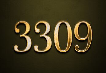 Old gold effect of 3309 number with 3D glossy style Mockup.	