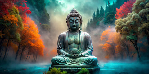 serene Buddha statue surrounded by vibrant autumn foliage creates tranquil atmosphere. misty landscape enhances peacefulness of this spiritual scene