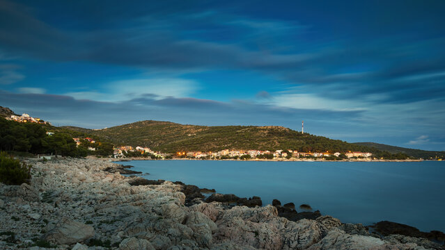 Blue hour, view of the sea near bilo in croatia