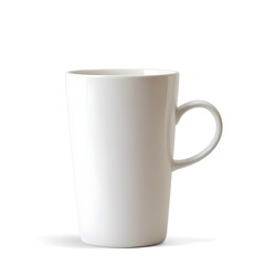 A ceramic mug with a handle, containing a brown-colored coffee