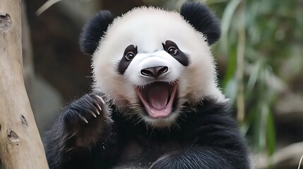 Obraz premium A joyful, playful panda frolics in its natural habitat in China, showcasing its playful nature as it rolls and tumbles, embodying the charm and innocence of these beloved creatures.