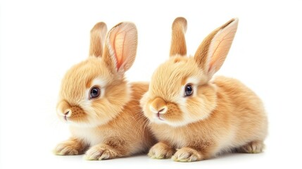 An adorable baby bunny with soft brown fur sits against a white background, curiously looking at something.