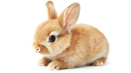 Obraz premium An adorable baby bunny with soft brown fur sits against a white background, curiously looking at something.