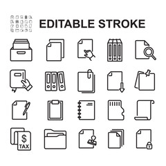Document icon set. Contains icons such as paper, folder, memory card.