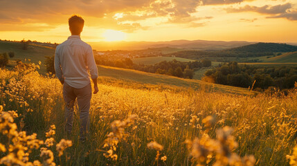 Fototapeta premium A man walks through a field of tall grass, looking out at a beautiful sunset over rolling hills.