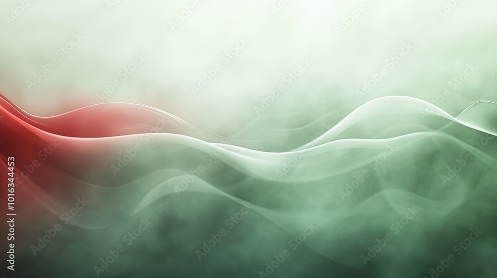 Poster a modern minimalist abstract background in green and red with soft shadow effects and faint smoke, c